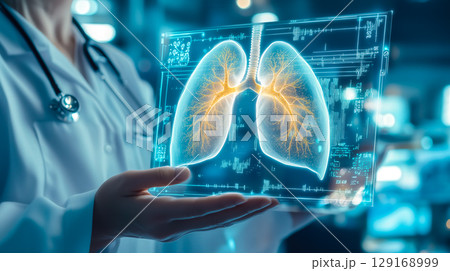 A doctor carefully examines a virtual lung x-ray projection with focused attention. The integration of advanced technology in medical diagnostics. Generative AI. 129168999
