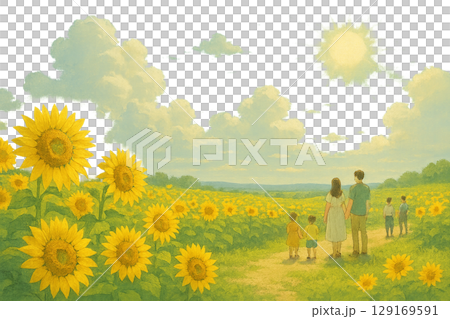 Parent and child walking in a sunflower field 129169591