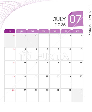 July 2026 Calendar. Week start on Sunday. Desk calendar 2026 design, simple and clean design, Wall calendar for print, digital calendar, Corporate design planner template vector. 129169606
