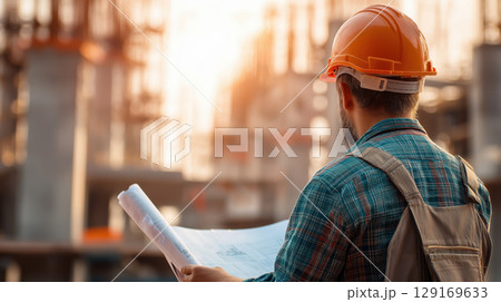 Construction worker, blueprint, safety helmet, plaid shirt, sunrise, building site, planning Construction worker, blueprint, safety helmet, plaid shirt, sunrise, building site, planning 129169633
