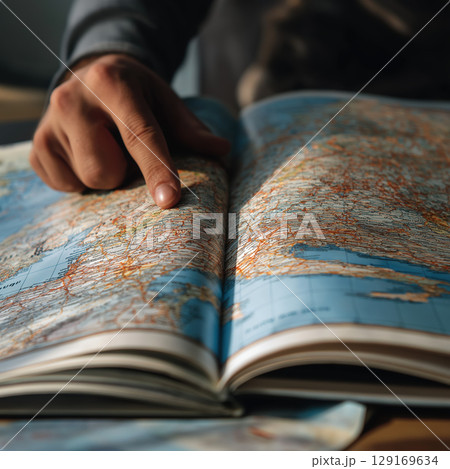 Hand pointing at map, travel planning, adventure, exploration, close up, journey, geography 129169634