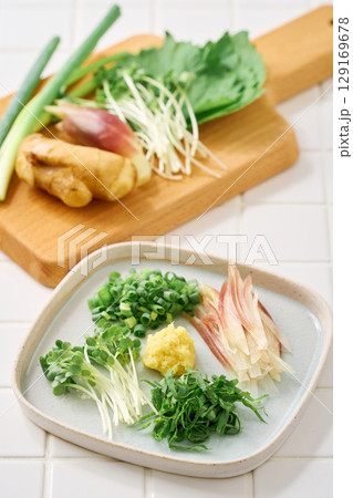 刻んだ薬味の盛り合わせ|生姜・みょうが・大葉・小ねぎ・貝割れ大根 刻んだ薬味の盛り合わせ|生姜・みょうが・大葉・小ねぎ・貝割れ大根 129169678