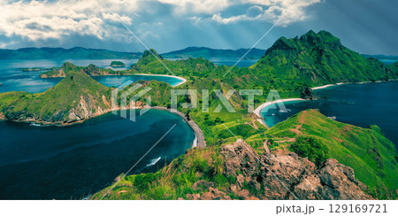 aerial view over the beautiful sunset in the mountains, madeira island, portugal. 129169721