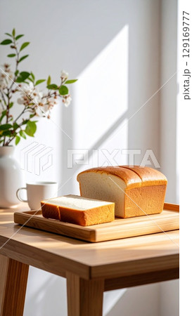 fresh bread on wooden table in cafe 129169777