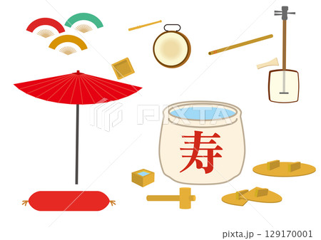 和風アイテムイラスト　和楽器　樽酒　番傘 129170001