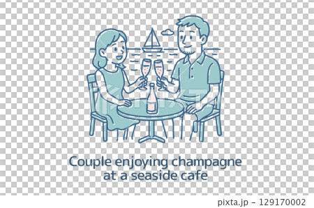 Couple enjoying champagne at a seaside cafe Couple enjoying champagne at a seaside cafe 129170002