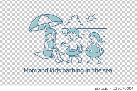 Mom and kids bathing in the sea 129170004