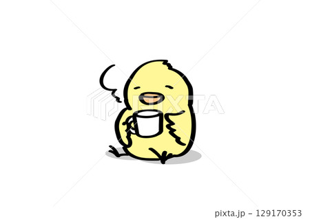 お茶を飲んで休憩するゆるかわひよこ 129170353
