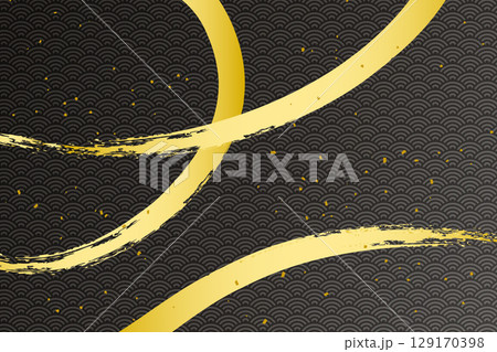 金の筆ブラシと和柄の背景素材｜金色ブラシ、青海波、和風、黒背景 129170398