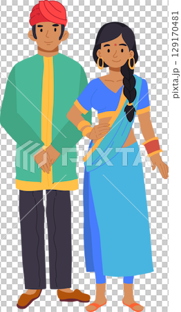 colorful indian couple in saree and kurta. indian couple in traditional dress standing together colorful indian couple in saree and kurta. indian couple in traditional dress standing together 129170481