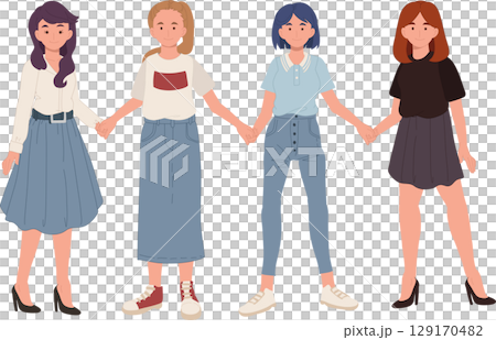 women standing together hand in hand showing support and friendship cartoon design 129170482