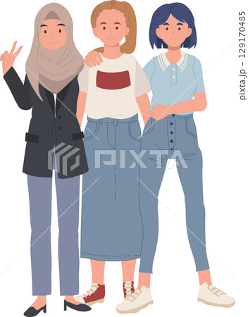 multicultural female friends in modern fashion smiling and posing in cartoon style illustration 129170485