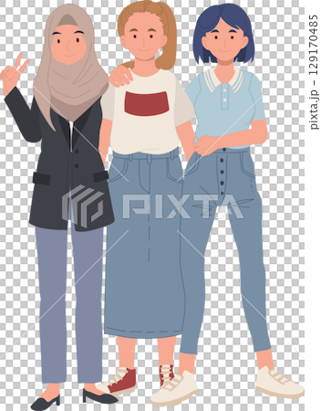 multicultural female friends in modern fashion smiling and posing in cartoon style illustration 129170485