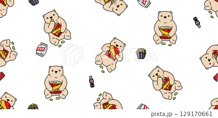 bear seamless pattern polar bear eating snack French fries potato chips soda pop vector cartoon teddy scarf isolated tile background gift wrapping paper repeat wallpaper illustration design 129170661