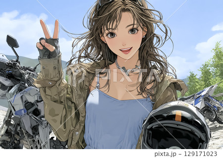 林道ツーリングを楽しむ女性ライダー 129171023