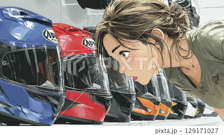 バイク用ヘルメットを選ぶ真剣な表情の女性ライダー バイク用ヘルメットを選ぶ真剣な表情の女性ライダー 129171027