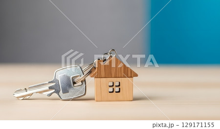 wooden house and keys on a table wooden house and keys on a table 129171155