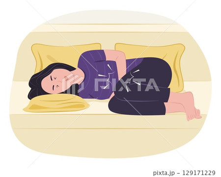 Woman Lying in Bed and Suffering from Stomachache for Menstrual Pain Concept Illustration 129171229
