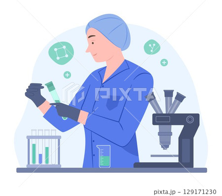 Female Scientist Testing Chemical with Laboratory Flask Tubes in Chemical Laboratory for Scientific Experiment Concept Illustration 129171230
