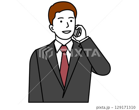 メガネ無し、グレースーツ、スマホで電話する男性 メガネ無し、グレースーツ、スマホで電話する男性 129171310