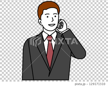 メガネ無し、グレースーツ、スマホで電話する男性 メガネ無し、グレースーツ、スマホで電話する男性 129171310