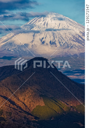 箱根・明神ヶ岳から見る朝の金時山と富士山 129171547