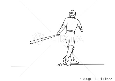 Single one line drawing back view baseball player with bat and sportswear walking confident for game. Male athlete happiness on field, exercise. Continuous line draw design graphic vector illustration Single one line drawing back view baseball player with bat and sportswear walking confident for game. Male athlete happiness on field, exercise. Continuous line draw design graphic vector illustration 129171622