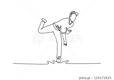 Single one line drawing professional baseball player throws the ball on national stadium. Male pitcher in competitive match on the sports field. Continuous line draw design graphic vector illustration 129171624