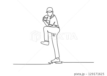 Continuous one line drawing young baseball player getting ready to pitch the ball during a game outdoors. Pitcher training workout for competition. Single line draw design vector graphic illustration Continuous one line drawing young baseball player getting ready to pitch the ball during a game outdoors. Pitcher training workout for competition. Single line draw design vector graphic illustration 129171625