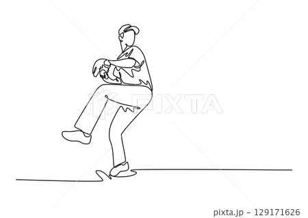Continuous one line drawing young male baseball player throws the ball on green field. Aggressive sportsman playing softball as exercise or fitness. Single line draw design vector graphic illustration 129171626