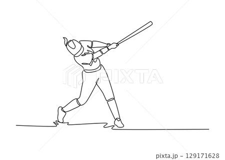 Continuous one line drawing baseball woman athlete swing the bat with speed on outdoor sport field. Softball player hit the ball on exercise ground. Single line draw design vector graphic illustration Continuous one line drawing baseball woman athlete swing the bat with speed on outdoor sport field. Softball player hit the ball on exercise ground. Single line draw design vector graphic illustration 129171628
