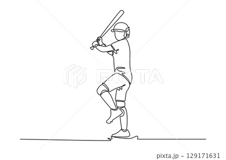 Continuous one line drawing baseball female player in action on stadium. Softball batter waiting to strike the ball. Sports, team game, tournament. Single line draw design vector graphic illustration 129171631