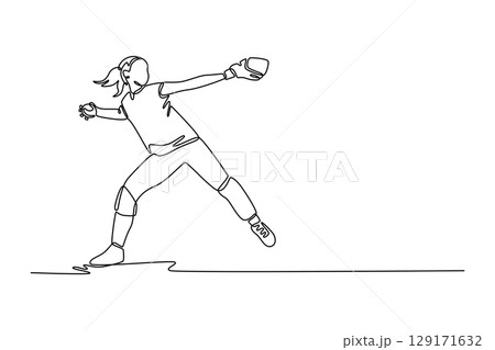 Continuous one line drawing attractive baseball player throws the ball on stadium. Female pitcher in competitive game on sport field for training. Single line draw design vector graphic illustration 129171632