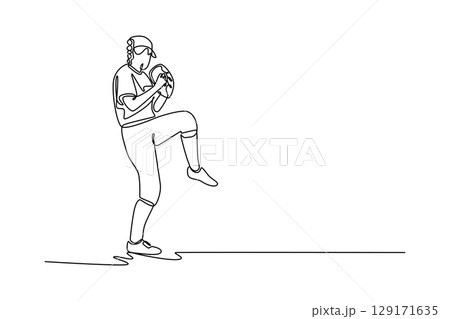Continuous one line drawing back view female baseball player throws the ball on green field. Woman athlete playing softball as exercise or fitness. Single line draw design vector graphic illustration 129171635