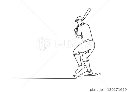 Single continuous line drawing baseball male player in action on stadium. Softball batter waiting to strike the ball. Sports, team game, competition. One line draw graphic design vector illustration Single continuous line drawing baseball male player in action on stadium. Softball batter waiting to strike the ball. Sports, team game, competition. One line draw graphic design vector illustration 129171639