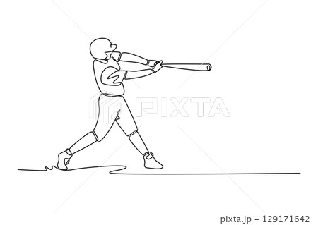 Single one line drawing baseball male player hit the ball on exercise ground in stadium. Softball athlete swing the bat. USA game for training. Continuous line draw design graphic vector illustration 129171642