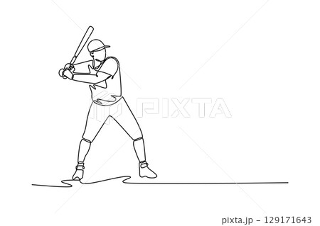 Single one line drawing male baseball player holding bat with strong arm muscle, waiting for hit the ball on pitch. Athlete ready for practice. Continuous line draw design graphic vector illustration 129171643