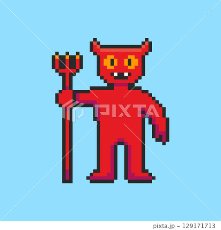 Pixel art Devil Character Holding Trident game asset design 129171713