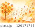 紅葉の木と音符と本の水彩イラスト（秋の芸術シーン） 129171745
