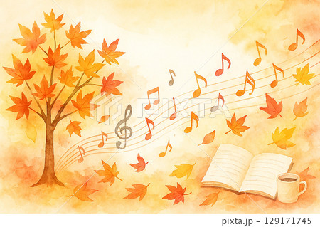 紅葉の木と音符と本の水彩イラスト(秋の芸術シーン) 紅葉の木と音符と本の水彩イラスト(秋の芸術シーン) 129171745