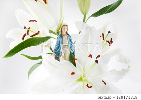 Assumption of Virgin Mary with White Lilies on white Background 129171819