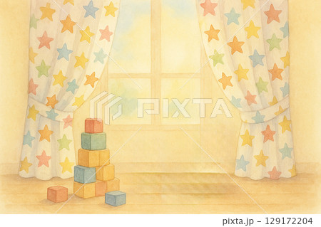 星柄のカーテンと積み木のある窓辺 星柄のカーテンと積み木のある窓辺 129172204