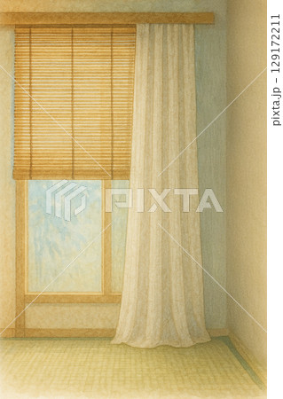 和室のすだれと生成りカーテン 129172211