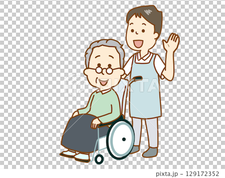 車いすの男性を介助する介護士 車いすの男性を介助する介護士 129172352