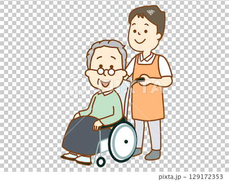 車いすの男性を介助する介護士 車いすの男性を介助する介護士 129172353