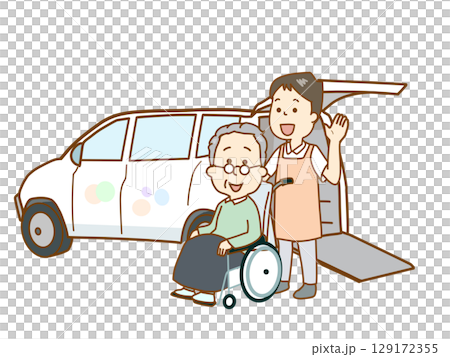 福祉の送迎車、デイサービスに到着する 129172355