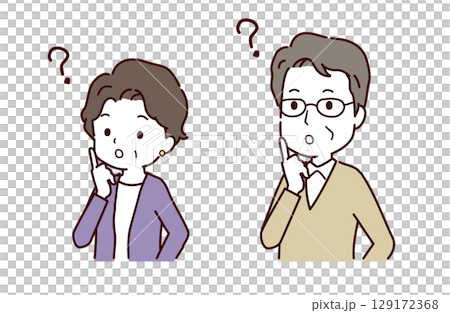 一對思考的老年夫婦的插畫素材 129172368
