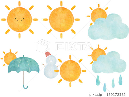 水彩風の天気アイコンセットイラスト 129172383