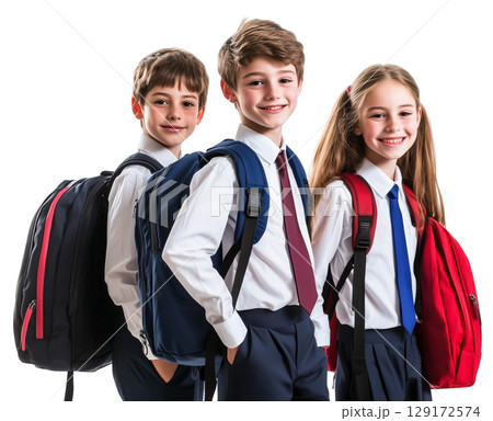 Boys and girl in uniforms carrying backpack to school isolated on white background png transparent clipart. 129172574