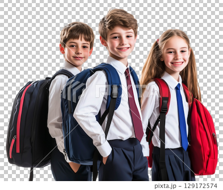 Boys and girl in uniforms carrying backpack to school isolated on white background png transparent clipart. 129172574